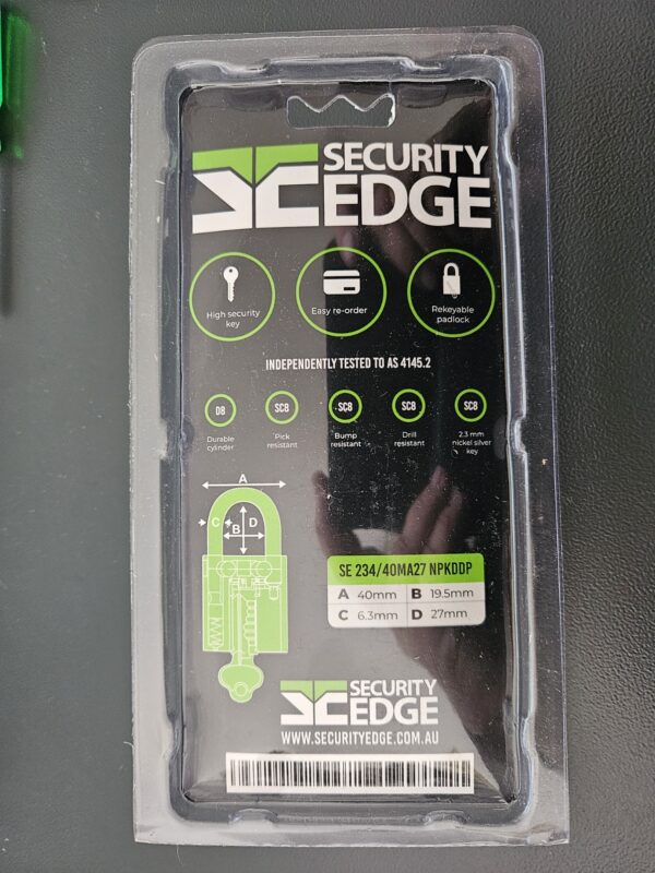 Security Edge 40mm Padlock with 2 Keys and Reorder Card - Display Pack
