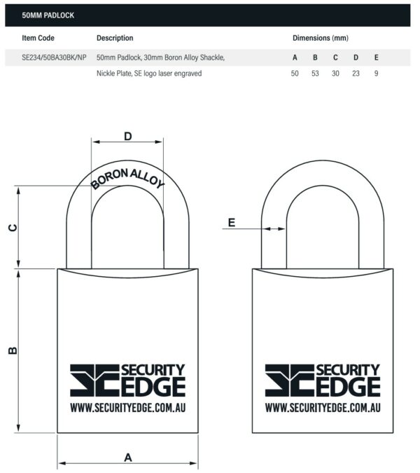 Security Edge 50mm Padlock with 2 Keys and Reorder Card - Display Pack