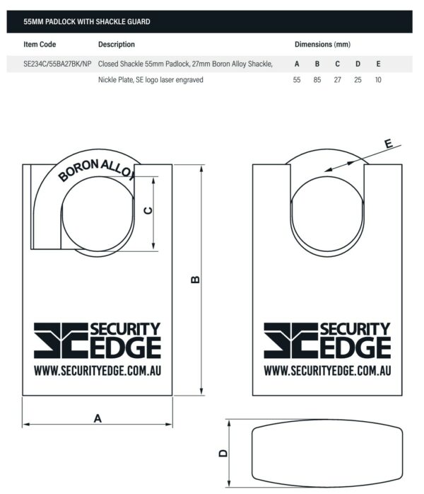Security Edge 55mm Concealed Shackle Padlock with 2 Keys and Reorder Card - Display Pack