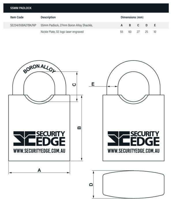 Security Edge 55mm Padlock with 2 Keys and Reorder Card - Display Pack