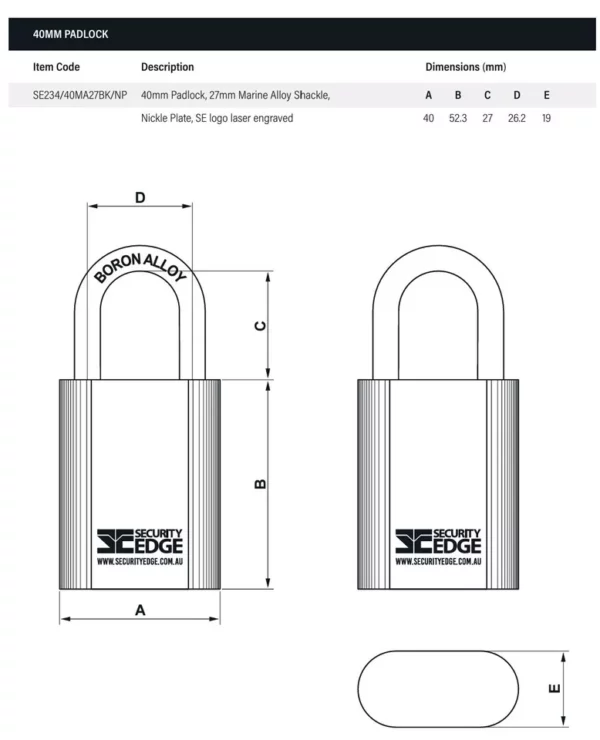 Security Edge 40mm Padlock with 2 Keys and Reorder Card - Display Pack